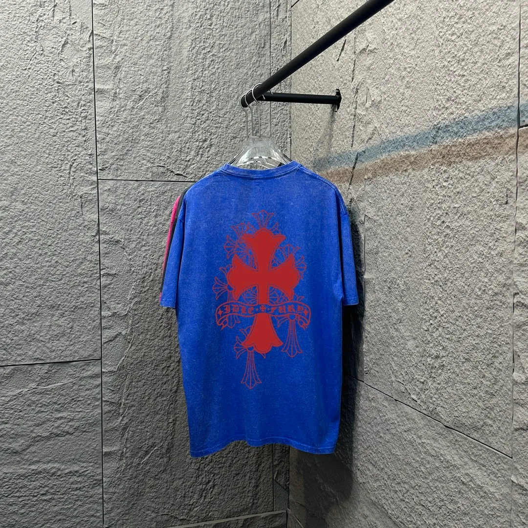 🅿️180 CH* Crow Heart* 2025 spring and summer new style Snowflake distressed washed retro round neck short sleeves Chest and front logo Horseshoe print Customized fabric Short-sleeved T-shirt Unisex Size: S M L XL XXL Color: Snowflake Black Snowflake Gray Snowflake Pink Snowflake Blue